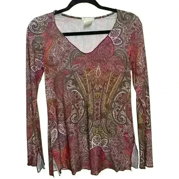 Y2K Paisley Top Bell Sleeves Side Slit Size Small V-Neck - Picture 2 of 4